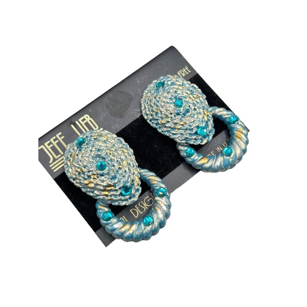 Jeff Lieb Gold & Teal Clip On Earrings Door Knockers with Removable Dangles
